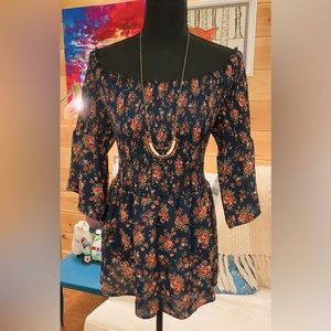 No Comment Smocked Floral Top - Dark Blue